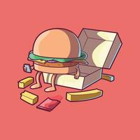een Hamburger karakter gezeten Aan een snel voedsel doos vector illustratie. voedsel, grappig, merk ontwerp concept.