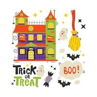 reeks van tekenfilm halloween elementen en belettering. truc of traktatie. vector