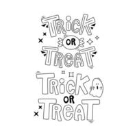 reeks van tekenfilm halloween elementen en belettering. truc of traktatie. lijn kunst. vector