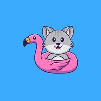 schattige kat met flamingo boei. dierlijk beeldverhaalconcept geïsoleerd. kan worden gebruikt voor t-shirt, wenskaart, uitnodigingskaart of mascotte. platte cartoonstijl vector