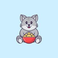 schattige kat die ramen-noedels eet. dierlijk beeldverhaalconcept geïsoleerd. kan worden gebruikt voor t-shirt, wenskaart, uitnodigingskaart of mascotte. platte cartoonstijl vector