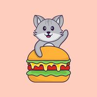 schattige kat die hamburger eet. dierlijk beeldverhaalconcept geïsoleerd. kan worden gebruikt voor t-shirt, wenskaart, uitnodigingskaart of mascotte. platte cartoonstijl vector