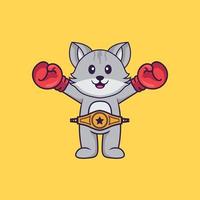 schattige kat in boxerkostuum met kampioensriem. dierlijk beeldverhaalconcept geïsoleerd. kan worden gebruikt voor t-shirt, wenskaart, uitnodigingskaart of mascotte. platte cartoonstijl vector