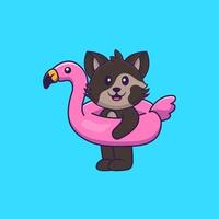 schattige kat met flamingo boei. dierlijk beeldverhaalconcept geïsoleerd. kan worden gebruikt voor t-shirt, wenskaart, uitnodigingskaart of mascotte. platte cartoonstijl vector