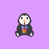 schattige pinguïn die boba-melkthee drinkt. dierlijk beeldverhaalconcept geïsoleerd. kan worden gebruikt voor t-shirt, wenskaart, uitnodigingskaart of mascotte. platte cartoonstijl vector