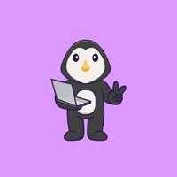 schattige pinguïn met laptop. dierlijk beeldverhaalconcept geïsoleerd. kan worden gebruikt voor t-shirt, wenskaart, uitnodigingskaart of mascotte. platte cartoonstijl vector