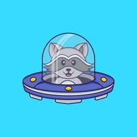 schattige wasbeer rijden ruimteschip ufo. dierlijk beeldverhaalconcept geïsoleerd. kan worden gebruikt voor t-shirt, wenskaart, uitnodigingskaart of mascotte. platte cartoonstijl vector