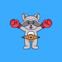 schattige wasbeer in boxerkostuum met kampioensriem. dierlijk beeldverhaalconcept geïsoleerd. kan worden gebruikt voor t-shirt, wenskaart, uitnodigingskaart of mascotte. platte cartoonstijl vector