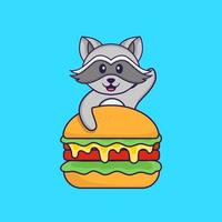 schattige wasbeer die hamburger eet. dierlijk beeldverhaalconcept geïsoleerd. kan worden gebruikt voor t-shirt, wenskaart, uitnodigingskaart of mascotte. platte cartoonstijl vector