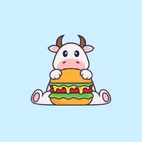 schattige koe die hamburger eet. dierlijk beeldverhaalconcept geïsoleerd. kan worden gebruikt voor t-shirt, wenskaart, uitnodigingskaart of mascotte. platte cartoonstijl vector