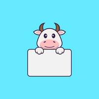 schattige koe met whiteboard. dierlijk beeldverhaalconcept geïsoleerd. kan worden gebruikt voor t-shirt, wenskaart, uitnodigingskaart of mascotte. platte cartoonstijl vector