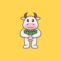 schattige koe aanhouden van geld. dierlijk beeldverhaalconcept geïsoleerd. kan worden gebruikt voor t-shirt, wenskaart, uitnodigingskaart of mascotte. platte cartoonstijl vector