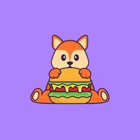 schattige vos die hamburger eet. dierlijk beeldverhaalconcept geïsoleerd. kan worden gebruikt voor t-shirt, wenskaart, uitnodigingskaart of mascotte. platte cartoonstijl vector