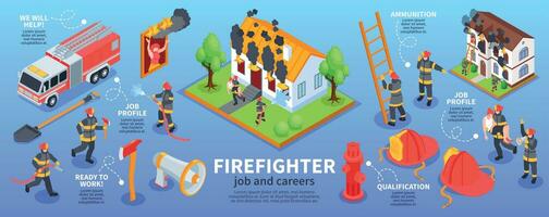 isometrische brandweerman baan infographics vector