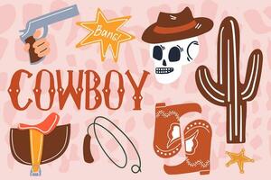 de concept van de cowboy en de wild westen. divers voorwerpen. cowboy laarzen, geweer, schedel. vector