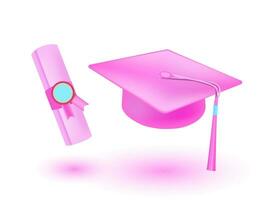 een levendig 3d vector illustratie met een roze leerling hoed en diploma, symboliseert academisch prestatie en diploma uitreiking. perfect voor feestelijk ontwerpen, diploma uitreiking aankondigingen