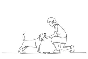 doorlopend een lijn tekening jong gelukkig meisje handenschudden haar schattig hond. vriendschap over menselijk en huisdier dier concept. weinig kind spelen met hond. single lijn trek ontwerp vector grafisch illustratie