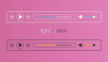 audio speler mockup in licht en donker modus. media controleur koppel. sjabloon voor muziek- ui. web lay-out in gemakkelijk lineair vlak ontwerp. geluids speler bar met Speel, De volgende en geluid pictogrammen. vector eps 10.