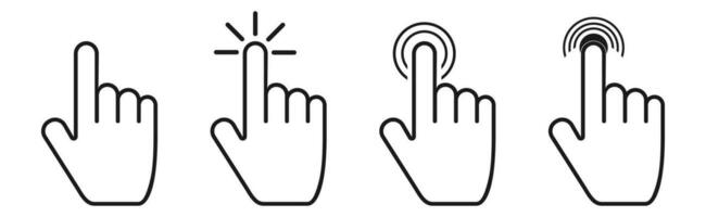 klikken hand- pictogram Aan wit achtergrond. geïsoleerd cursor wijzer verzameling. muis cursor met Duwen effect. Klik symbool reeks in schets ontwerp. vector illustratie. eps 10.