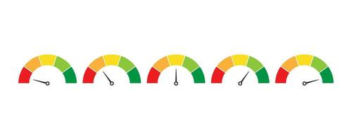 humeur indicator niveau. beoordeling schaal. snelheidsmeter meten in kleurrijk vlak ontwerp. evaluatie van onderhoud van slecht naar uitstekend niveau. geïsoleerd reeks van tevredenheid diagram. vector eps 10.