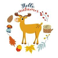 Hallo herfst. tekenfilm eland, hand- tekening belettering. kaart met bladeren, herfst elementen en schattig Woud dier Aan wit achtergrond.ontwerp voor kaarten, afdrukken, poster. vector