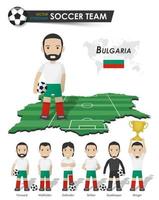 bulgarije nationale voetbalbekerteam. voetballer met sporttrui staat op de landkaart van het perspectiefveld en de wereldkaart. set van voetballer posities. cartoon karakter plat ontwerp. vector. vector