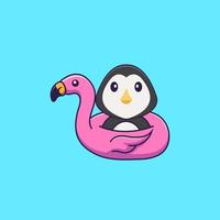 schattige pinguïn met flamingoboei. dierlijk beeldverhaalconcept geïsoleerd. kan worden gebruikt voor t-shirt, wenskaart, uitnodigingskaart of mascotte. platte cartoonstijl vector