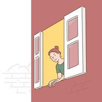 een vrouw opent het raam en kijkt naar buiten. handgetekende stijl vectorontwerpillustraties. vector