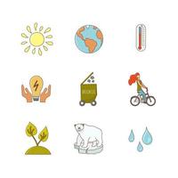 opwarming van de aarde pictogrammenset geïsoleerd op een witte achtergrond. ijsbeerpictogrammen op ijsschots, thermometer, zon, recycling, ecovoedsel, energie besparen, fietsen. vector illustratie