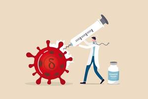 coronavirus covid-19 delta-variant immuniteit ontsnapping, of vaccin ontsnapping krachtiger verspreidingsconcept, arts plaatste vaccin op coronaviruspathogeen met delta-alfabetmutatie met gebogen naaldspuit. vector