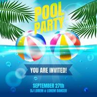 uitnodigingsposter voor poolparty met zwembadlandschap en twee strandballen vector