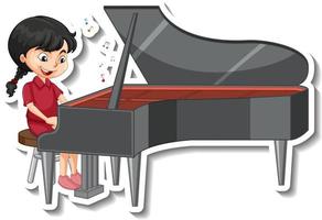 stripfiguur sticker met een meisje dat piano speelt vector