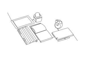 een doorlopend lijn tekening van accessoires en kantoor uitrusting concept. tekening vector illustratie in gemakkelijk lineair stijl.