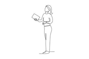 een doorlopend lijn tekening van een vrouw bibliothecaris is op zoek voor boeken vector