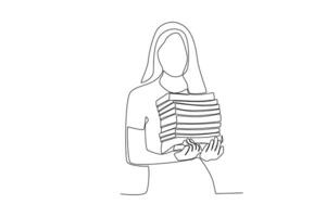 een doorlopend lijn tekening van een vrouw bibliothecaris draag- een stack van boeken vector
