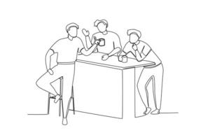 een doorlopend lijn tekening van drie mannen waren hangende uit en pratend in een bar vector