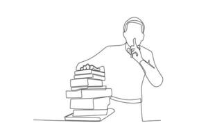 een doorlopend lijn tekening van een mannetje bibliothecaris in elkaar zetten een boek vertelt een klant niet naar maken een drukte vector