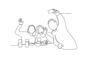 een doorlopend lijn tekening van drie vrienden waren hebben een bijeenkomst Bij de restaurant en nemen afbeeldingen samen vector