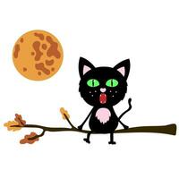 een zwart kat zittend Aan een boom Afdeling onder de vol maan en het zingen een liedje. nacht bijeenkomsten. halloween vector