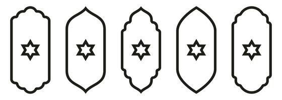 vorm Islamitisch deur en venster silhouet Arabisch boog met symbolen . verzameling van patronen in oosters stijl. kaders in Arabisch moslim voor Ramadan kareem. vector moskee poort beroerte geïsoleerd Aan wit.