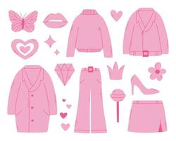 barbiecore set. roze modieus set, roze pop esthetisch accessoires en kleding. vector illustratie