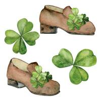 waterverf hand- getrokken illustratie, heilige Patrick vakantie. elf van Ierse folklore leer laarzen schoenen Klaver. Ierland traditie. single element geïsoleerd Aan wit achtergrond. voor uitnodigingen, afdrukken, website, kaarten vector