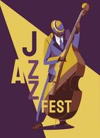 jazz- festival of folder of poster partij ontwerp sjabloon met musicus met dubbele bas, Aan Purper achtergrond. vlak vector illustratie
