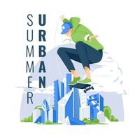 een jong skateboarder doet een truc en springt hoog tegen de backdrop van een stedelijk landschap. geïsoleerd Aan een wit achtergrond. vlak vector illustratie