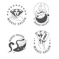 magie salon emblemen en element spelen kaarten, tarot kaarten, diamant, planeten, sterren, slang, menselijk handen. halloween tekens concepten. zwart en wit vector illustratie.