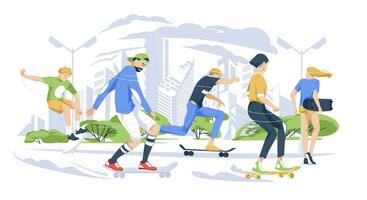 vijf skateboarders Aan een visvangst hengel uitvoeren trucs. stadsgezicht met wolkenkrabbers geïsoleerd Aan wit achtergrond, vlak vector illustratie