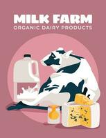boerenzwart en wit koe liyng in de buurt zuivel. kaas, yoghurt, melk. reclame poster van een zuivel boerderij vector vlak illustratie