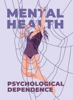 de meisje is hangende Aan een spinnen web. metafoor van psychologisch afhankelijkheid. mentaal Gezondheid en zorg poster. vlak vector illustratie