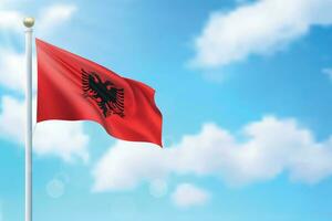 golvend vlag van Albanië Aan lucht achtergrond. sjabloon voor onafhankelijkheid vector