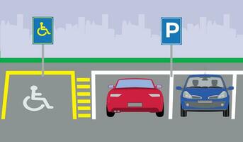 gehandicapt parkeren Oppervlakte. voorkant en terug visie van geparkeerd auto's. vlak vector illustratie sjabloon.